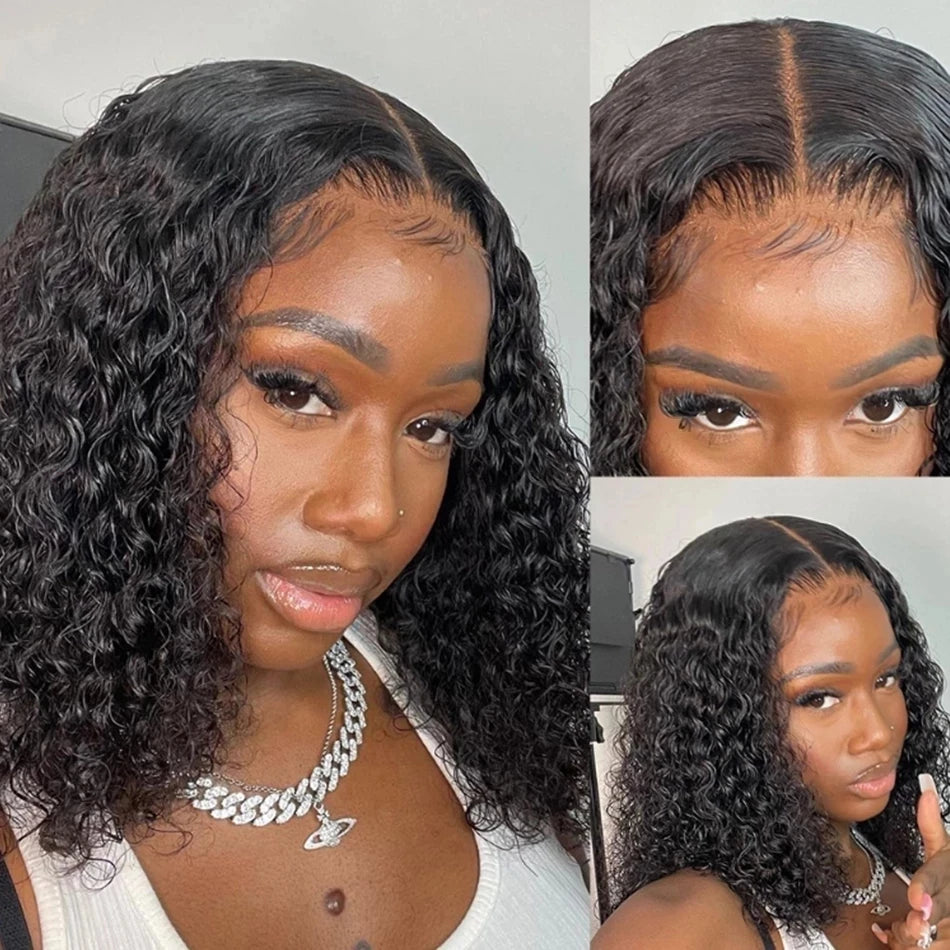 4C Human Hair Deep Wave Short Bob Wig 10-16 Inch Deep Water Wave Lace Front Bob Wigs 100% Human Hair 13x5x1 Middle Part Bob Wigs