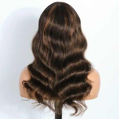 180D Highlight Body Wave Human Hair Wig With Bangs Put On And Go Ombre Blonde Peruvian Body Wavy Human Hair Wigs For Women