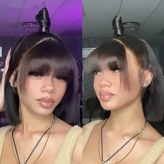 Short Straight Bob Lace Frontal Wig With Bangs 100% Human Hair Bob Wigs For Women Brazilian Remy Hair Easy Part Lace Bob Wig