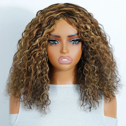 Ombre Honey Brown Curly Wig Long Curly Wave Wigs Glueless 100% Human Hair Wig Natural Cosplay Party Wear and Go Remy Hair