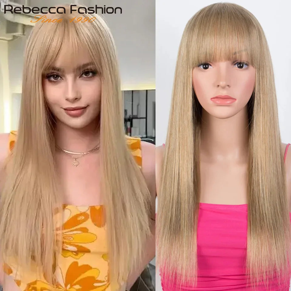 Reddish Brown Bangs Wigs Human Hair Wig Easy Brown Straight Human Hair Wigs with Bangs Affordable Layer Cut Straight Hair Wigs