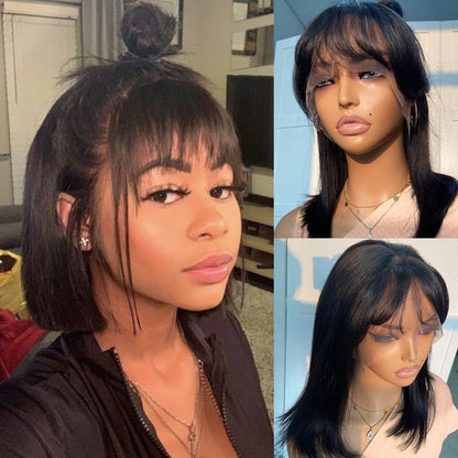 Rebecca Short Straight Bob Lace Frontal Wig With Bangs Human Hair Bob Wigs For Women Brazilian Remy Hair Easy Part Lace Bob Wig