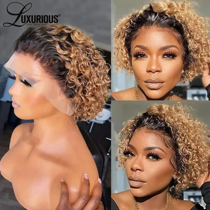 Brazilian Human Hair Wig For Black Women Afro Curly Pixie Bob Short Preplucked Hairline 13X1 Hd Lace Front Bob Water Wave Wig