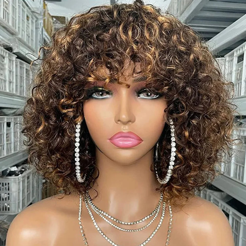 Short Pixie Bob Cut Human Hair Wigs With Bangs Jerry Curly Full Machine Wig Highlight Honey Blonde Colored Wigs For Women