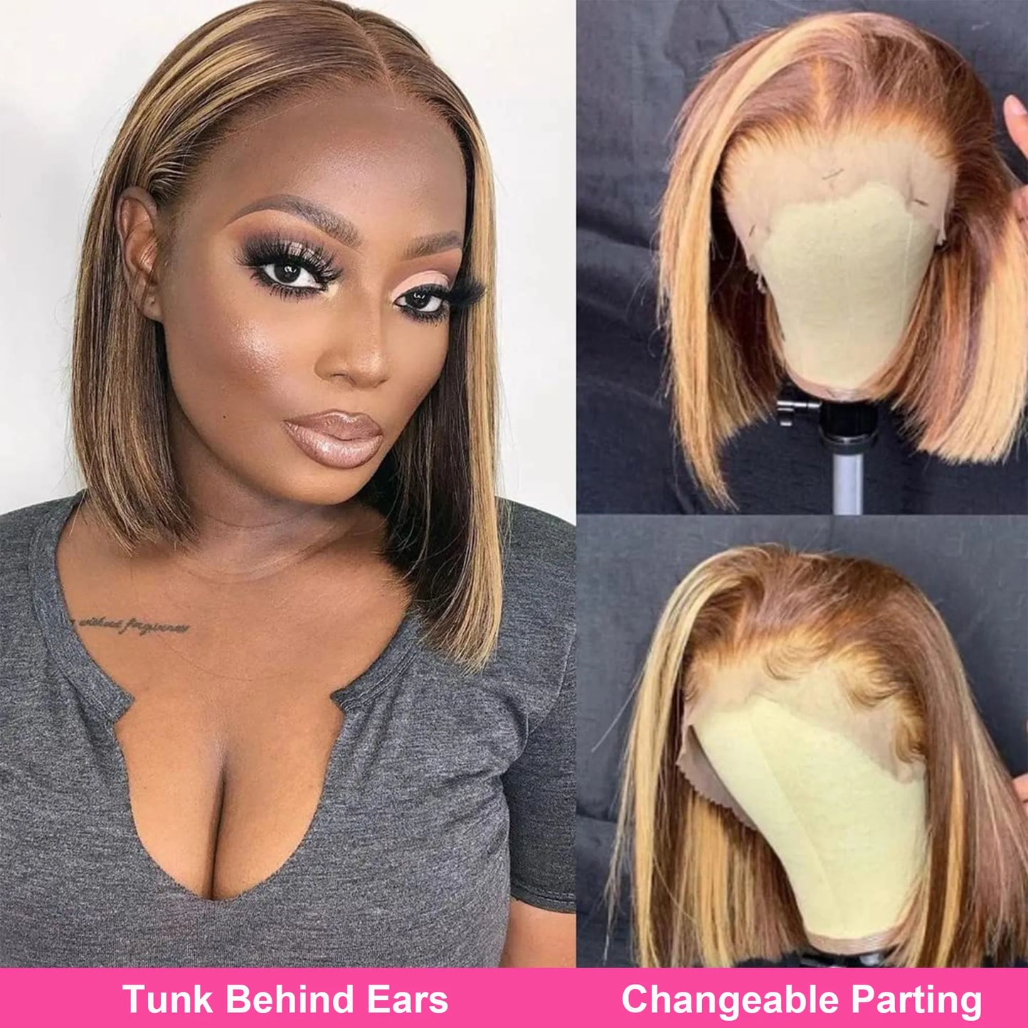 13x4 Transparent Lace Front Bob Wig Human Hair Ombre Honey Blonde 13x4 Wigs 10-16inch  4/27 Colored Transparent Frontal Lace Wig