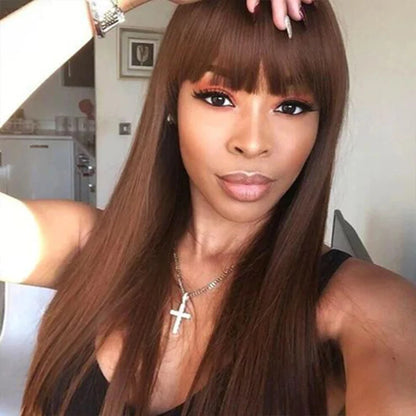 Reddish Brown Bangs Wigs Human Hair Wig Easy Brown Straight Human Hair Wigs with Bangs Affordable Layer Cut Straight Hair Wigs