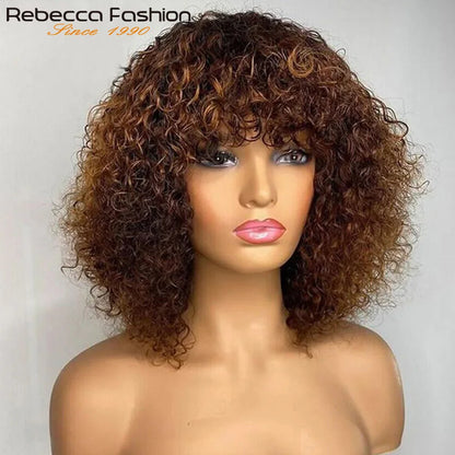 Short Pixie Bob Cut Human Hair Wigs With Bangs Jerry Curly Full Machine Wig Highlight Honey Blonde Colored Wigs For Women