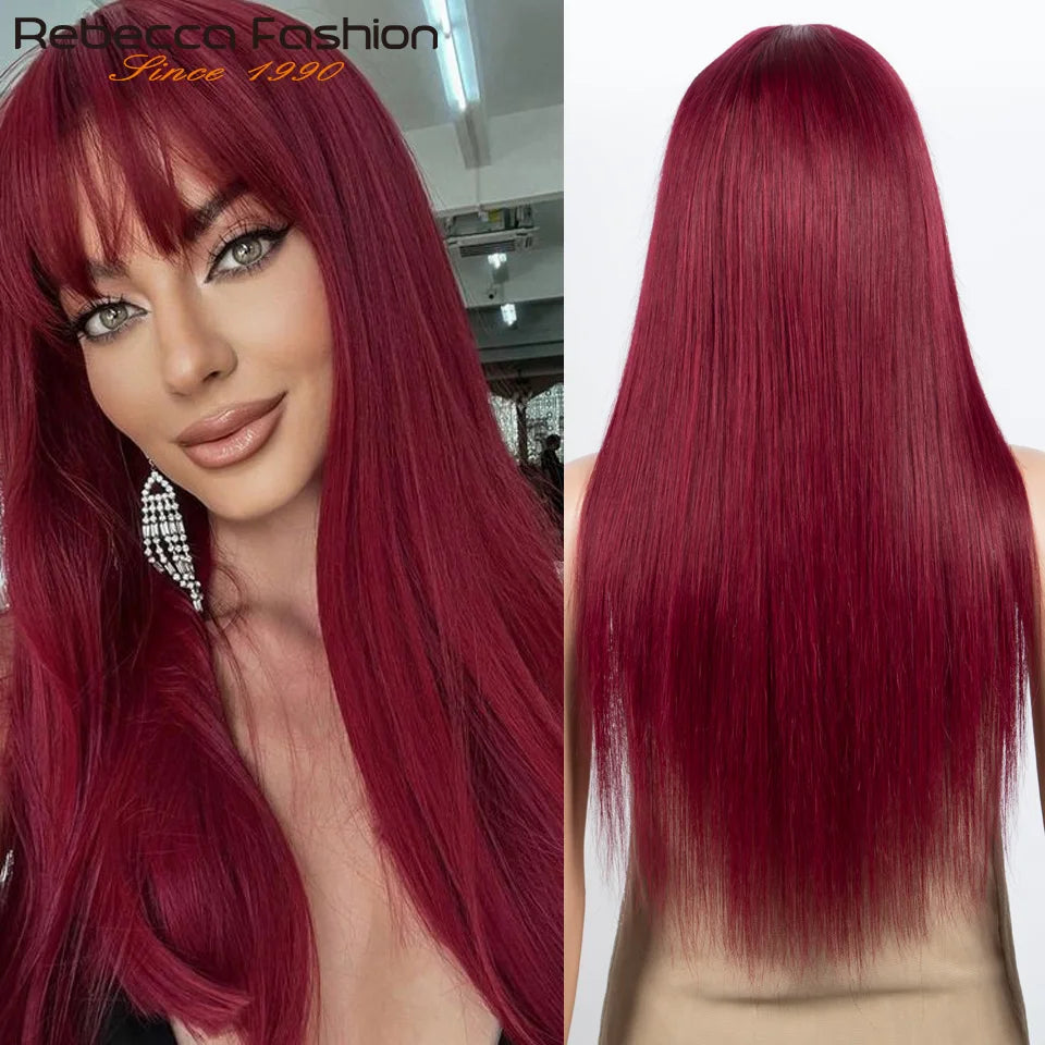 Reddish Brown Bangs Wigs Human Hair Wig Easy Brown Straight Human Hair Wigs with Bangs Affordable Layer Cut Straight Hair Wigs