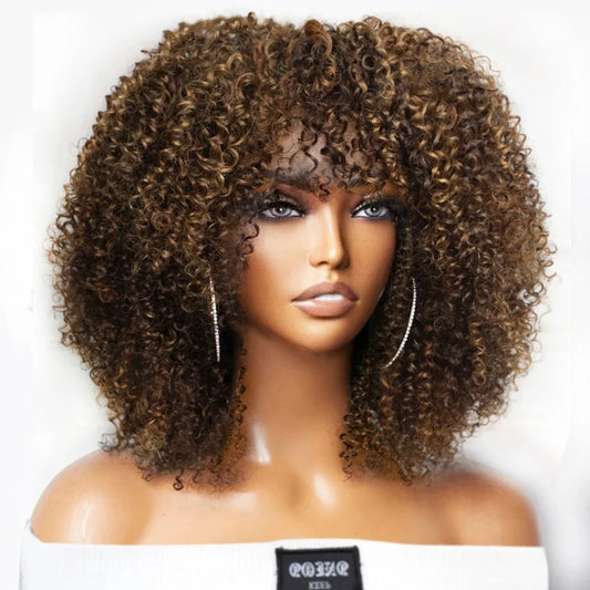 Natural Brown Color Afro Kinky Curly Human Hair Wigs with Bangs Wear & Go Glueless Wig Remy Brazilian Short Curly Human Hair Wig