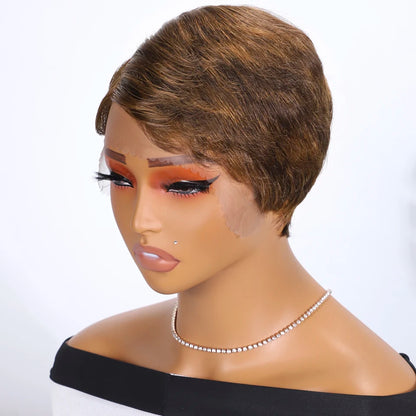RitzWigs Pixie Cut Lace Wig Natural Straight Hair 150% Density 13x1 Lace Brazilian Human Hair Wig with Ombre Brown Side Part Wig