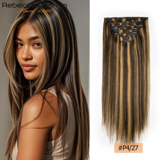 Clip In Hair Extensions Human Hair Clip In For Women Straight Double Weft Hair Extensions 7pcs/Set P4/27 Brown Honey Blonde 613
