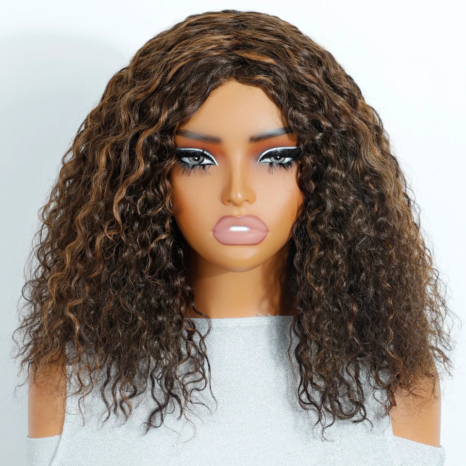 Ombre Honey Brown Curly Wig Long Curly Wave Wigs Glueless 100% Human Hair Wig Natural Cosplay Party Wear and Go Remy Hair