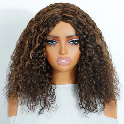 Ombre Honey Brown Curly Wig Long Curly Wave Wigs Glueless 100% Human Hair Wig Natural Cosplay Party Wear and Go Remy Hair