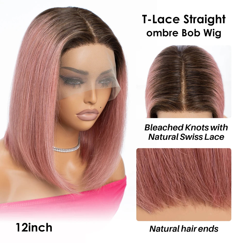 Rebecca Ombre Pink Transparent Short T Lace Bob Human Hair Wigs Peruvian Straight 13x5x1 Lace Front Wig For Women Pre Plucked