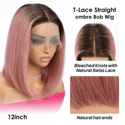 Rebecca Ombre Pink Transparent Short T Lace Bob Human Hair Wigs Peruvian Straight 13x5x1 Lace Front Wig For Women Pre Plucked