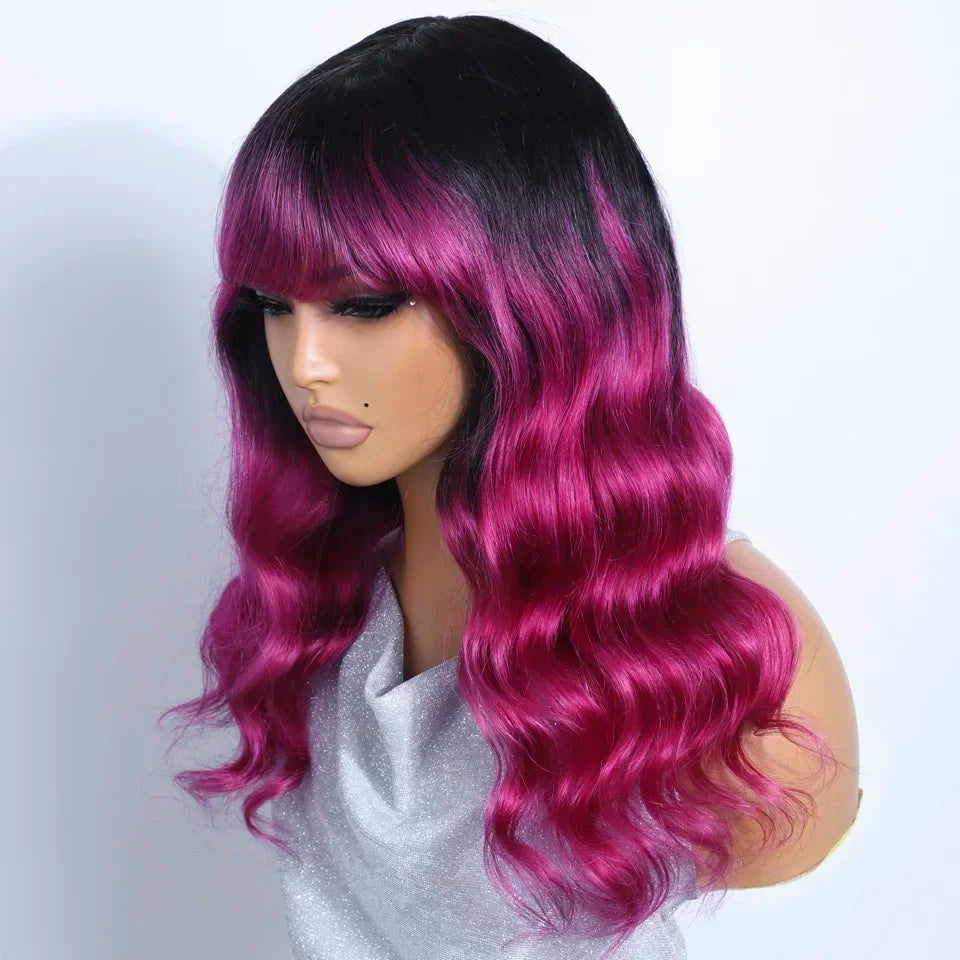 22" T1B/Pink Body Wave Human Hair Wigs With Bangs Fringe 180D Brazilian Hair Full Machine Made Women Wigs