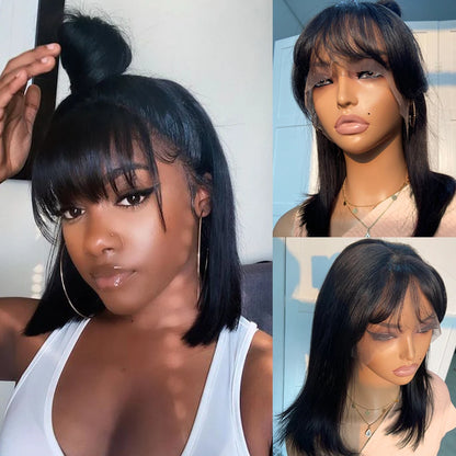 Short Straight Bob Lace Frontal Wig With Bangs 100% Human Hair Bob Wigs For Women Brazilian Remy Hair Easy Part Lace Bob Wig