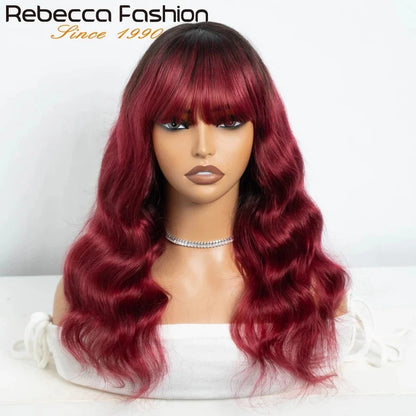 22" T1B/Pink Body Wave Human Hair Wigs With Bangs Fringe 180D Brazilian Hair Full Machine Made Women Wigs