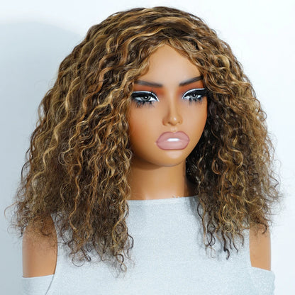 Ombre Honey Brown Curly Wig Long Curly Wave Wigs Glueless 100% Human Hair Wig Natural Cosplay Party Wear and Go Remy Hair