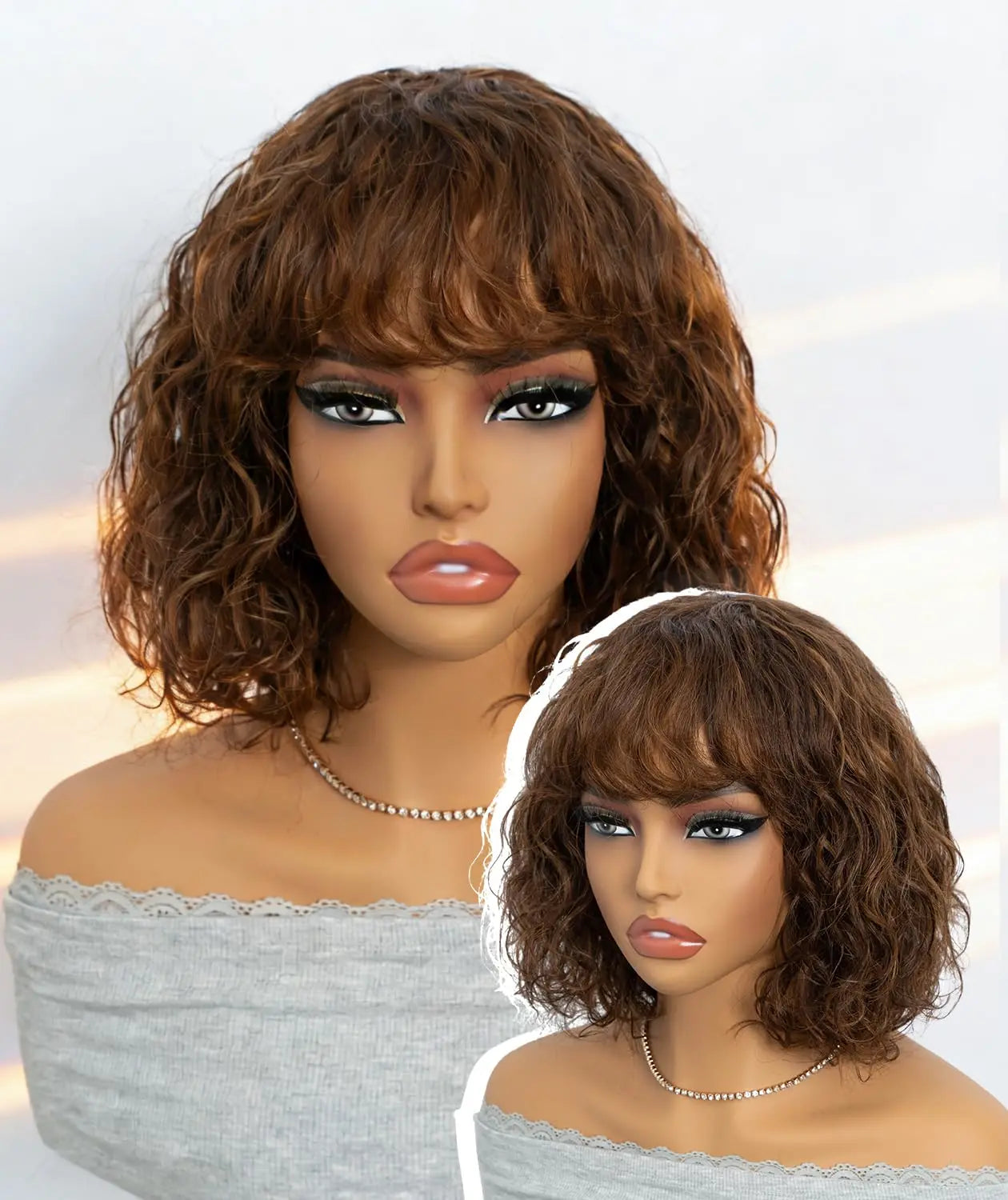 QVR Kinky Curly Human Hair Wig with Bangs Fluffy Afro Curly Bob Wig for Women Wear and Go Glueless Curly Wigs for Black Women