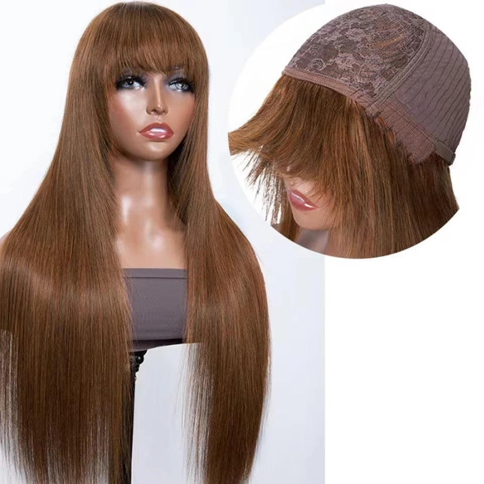 Reddish Brown Bangs Wigs Human Hair Wig Easy Brown Straight Human Hair Wigs with Bangs Affordable Layer Cut Straight Hair Wigs