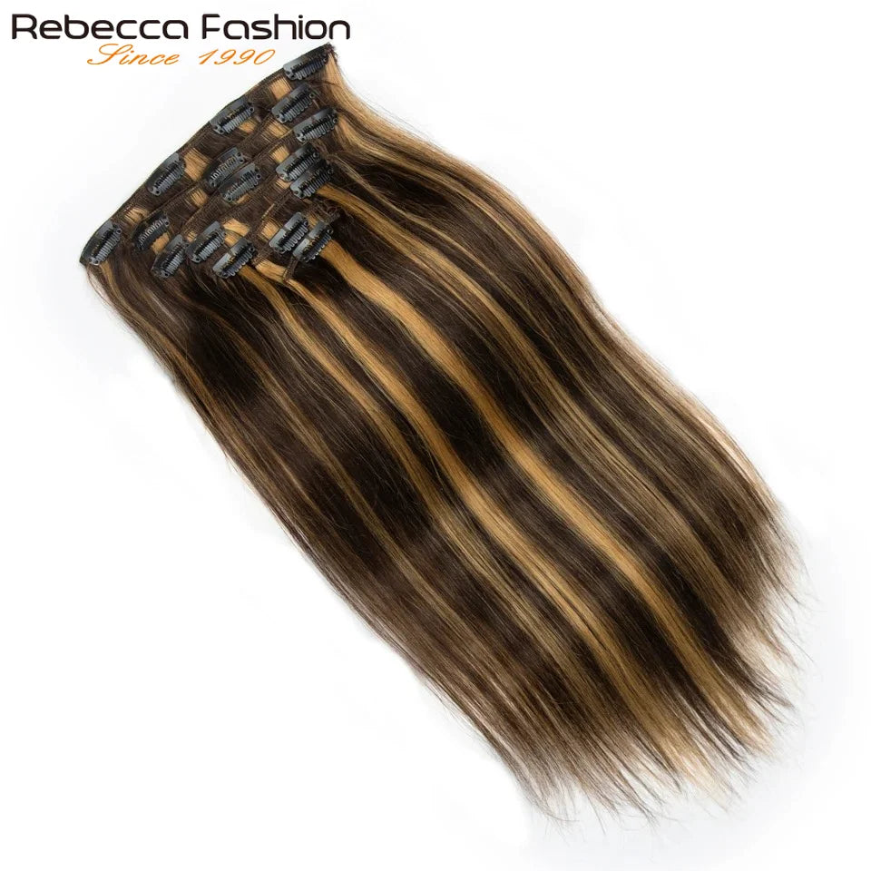 Clip In Hair Extensions Human Hair Clip In For Women Straight Double Weft Hair Extensions 7pcs/Set P4/27 Brown Honey Blonde 613