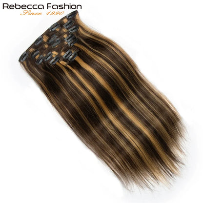 Clip In Hair Extensions Human Hair Clip In For Women Straight Double Weft Hair Extensions 7pcs/Set P4/27 Brown Honey Blonde 613