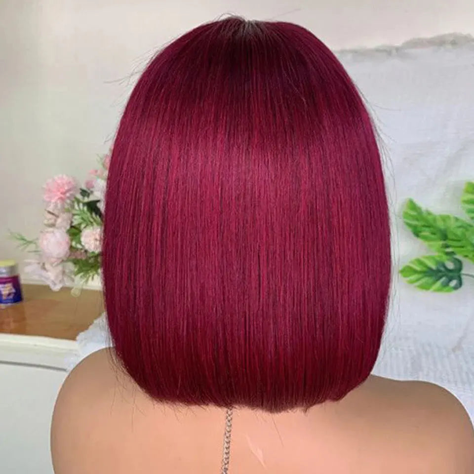 99J Colored Short 180D Straight Brazilian Human Hair Bob Wigs with Bangs Remy Full Machine Made for Women Hightlight Burgundy
