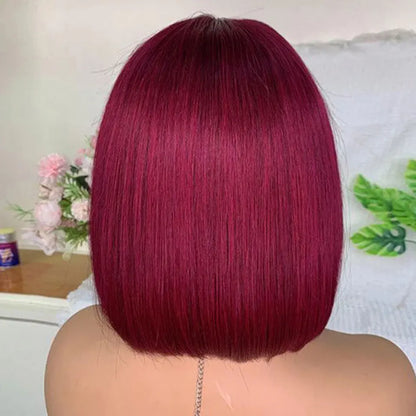 99J Colored Short 180D Straight Brazilian Human Hair Bob Wigs with Bangs Remy Full Machine Made for Women Hightlight Burgundy