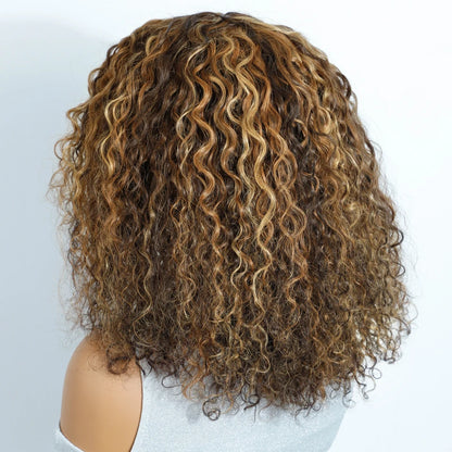 Ombre Honey Brown Curly Wig Long Curly Wave Wigs Glueless 100% Human Hair Wig Natural Cosplay Party Wear and Go Remy Hair