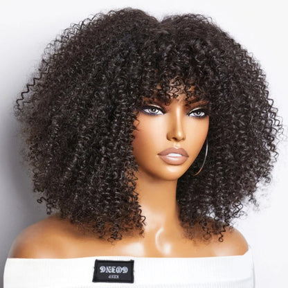 Short Curly Wig With Bangs Put On And Go Human Hair Afro Kinky Curly Wig Glueless Full Machine Made Wig 250 Density Remy Hair