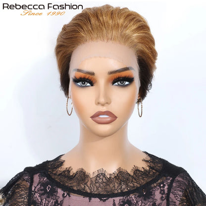 Rebecca Ombre Blonde Short Pixie Cut Slicked Back Bob Lace Front 100% Human Hair Wig For Women Brazilian Remy Hair Daily Wigs