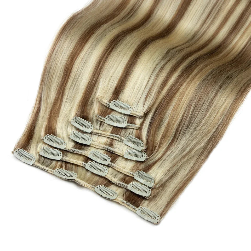 Rebecca Clip In Hair Extensions Human Hair Straight Clip In Blonde P6/613 P8/613 P27/613 P4/27 Color Clip Ins Remy Hair 7Pcs Set
