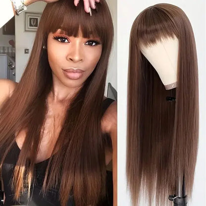Reddish Brown Bangs Wigs Human Hair Wig Easy Brown Straight Human Hair Wigs with Bangs Affordable Layer Cut Straight Hair Wigs