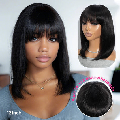Short Bob Wig with Bangs Straight Human Hair Bob with Bangs Wig 100% Human Hair 180% Density Straight Bang Bob Wig For Women