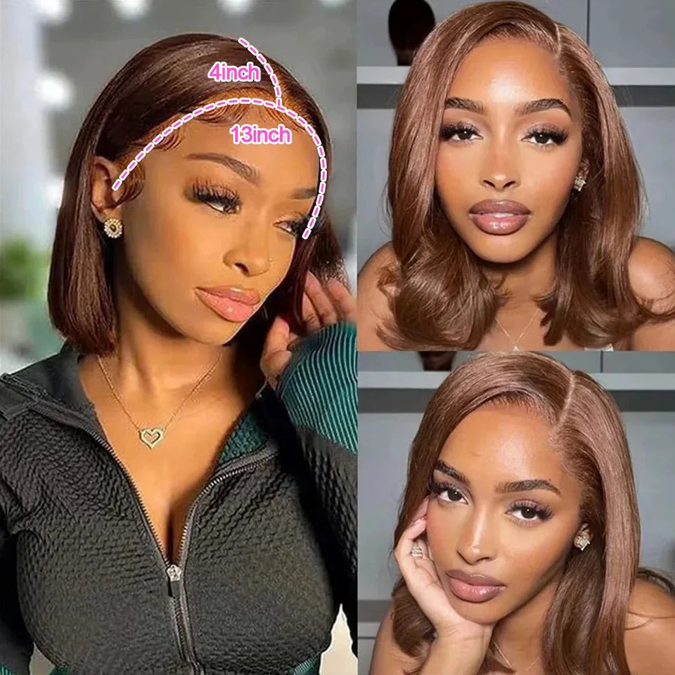 13X4 Chocolate Brown Straight Bob Wig 4X4 Silky Straight HD Lace Frontal Wig Natural Hairline Pre Plucked Human Hair 100% 16Inch
