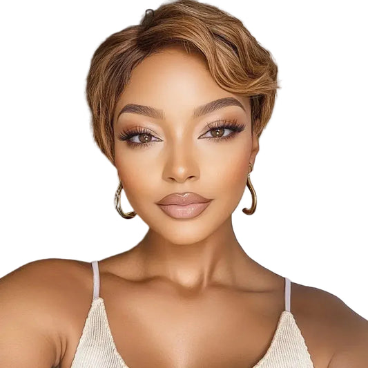 RitzWigs Pixie Cut Lace Wig Natural Straight Hair 150% Density 13x1 Lace Brazilian Human Hair Wig with Ombre Brown Side Part Wig