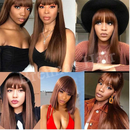 Reddish Brown Bangs Wigs Human Hair Wig Easy Brown Straight Human Hair Wigs with Bangs Affordable Layer Cut Straight Hair Wigs