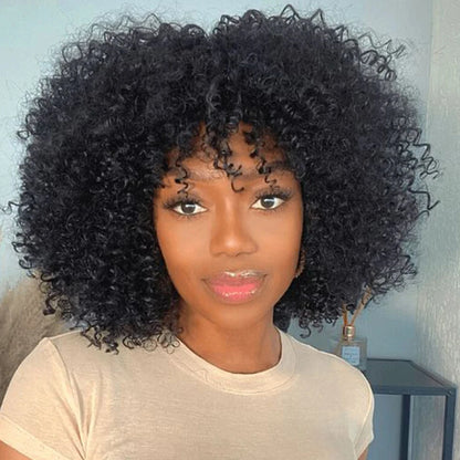 Short Curly Wig With Bangs Put On And Go Human Hair Afro Kinky Curly Wig Glueless Full Machine Made Wig 250 Density Remy Hair