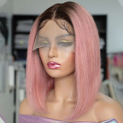 Ombre Pink Short Bob Wig Straight Lace Front Human Hair Wigs For Women Short Bob Transparent Wear To Go Peruvian Human Lace Wig