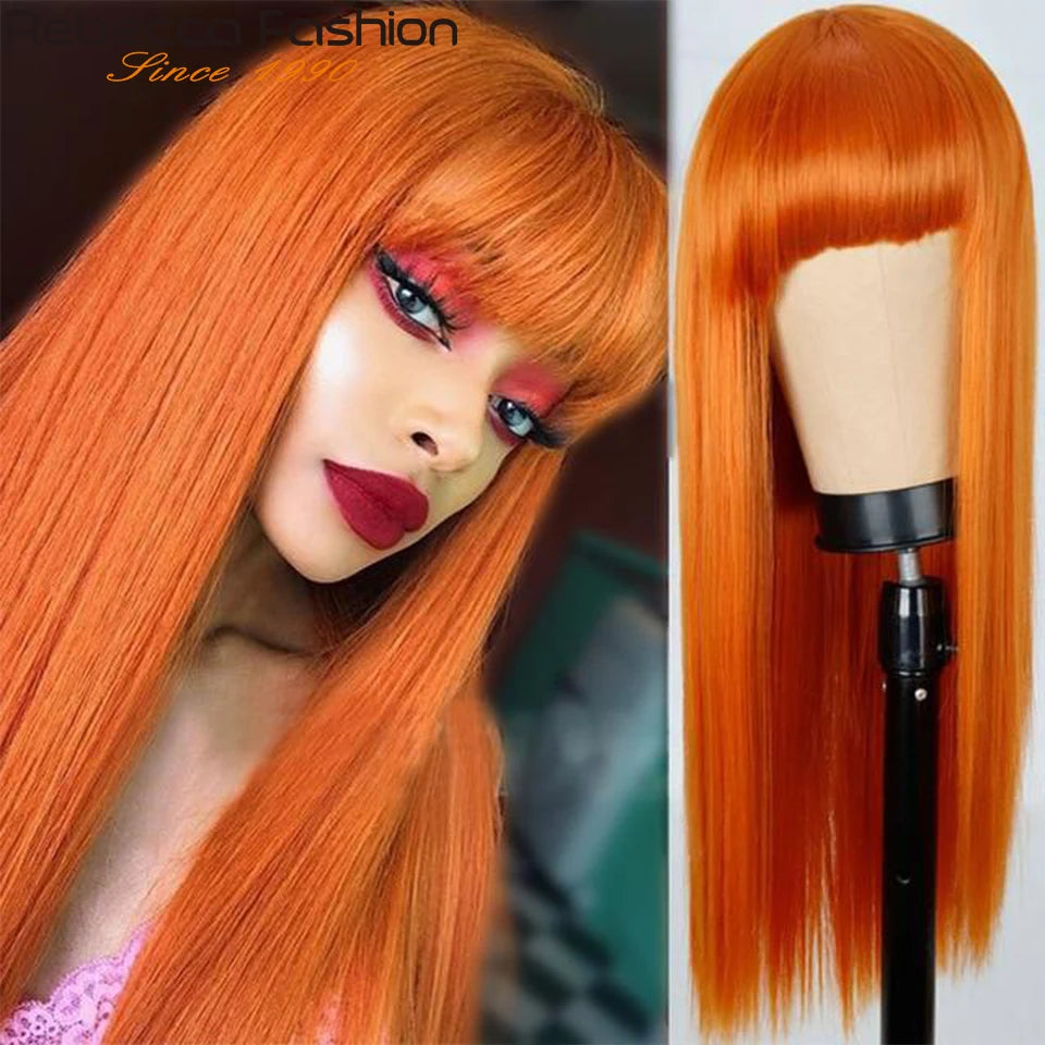 180D 8-28" Ginger Straight Human Hair Wigs With Bangs Full Machine Made Wig Straight Bangs Wigs For Women #Burg Orange Natural