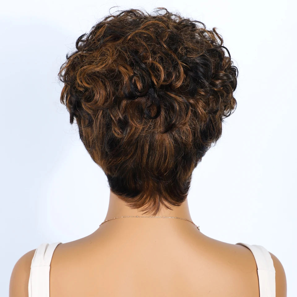 Rebecca Brown P1B/30 Short Pixie Cut Curly 100% Human Hair Wig For Women Brazilian Remy Hair Colored Side Part Full Machine Wigs