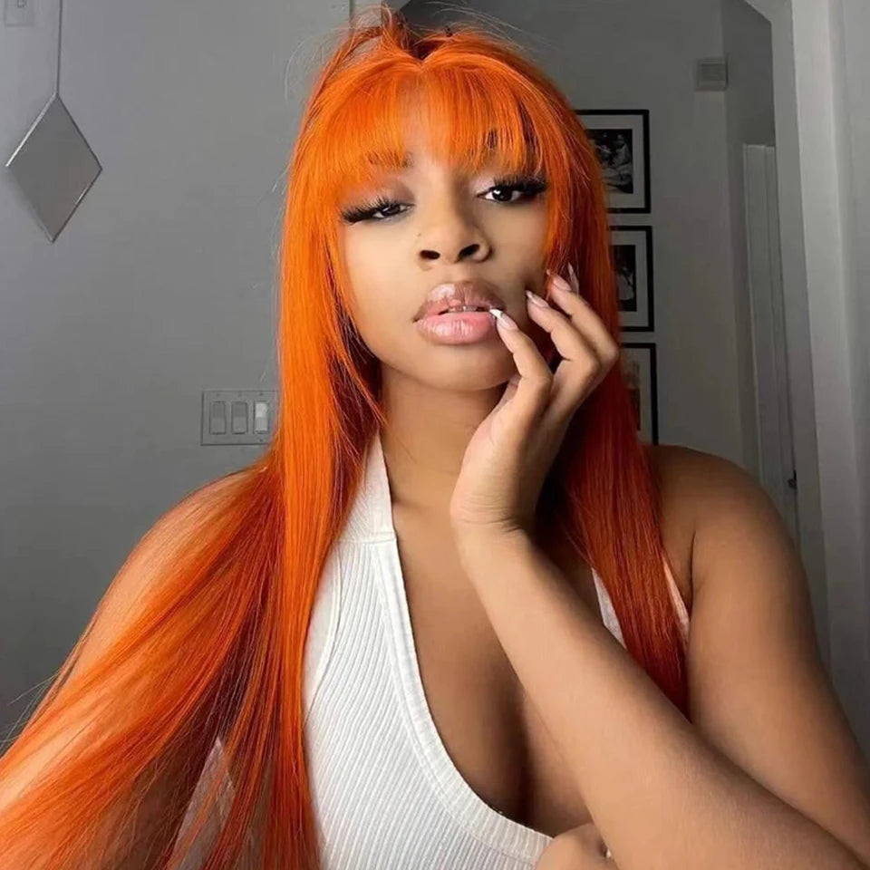 180D 8-28" Ginger Straight Human Hair Wigs With Bangs Full Machine Made Wig Straight Bangs Wigs For Women #Burg Orange Natural