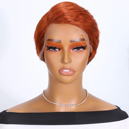 RitzWigs Pixie Cut Lace Wig Natural Straight Hair 150% Density 13x1 Lace Brazilian Human Hair Wig with Ombre Brown Side Part Wig