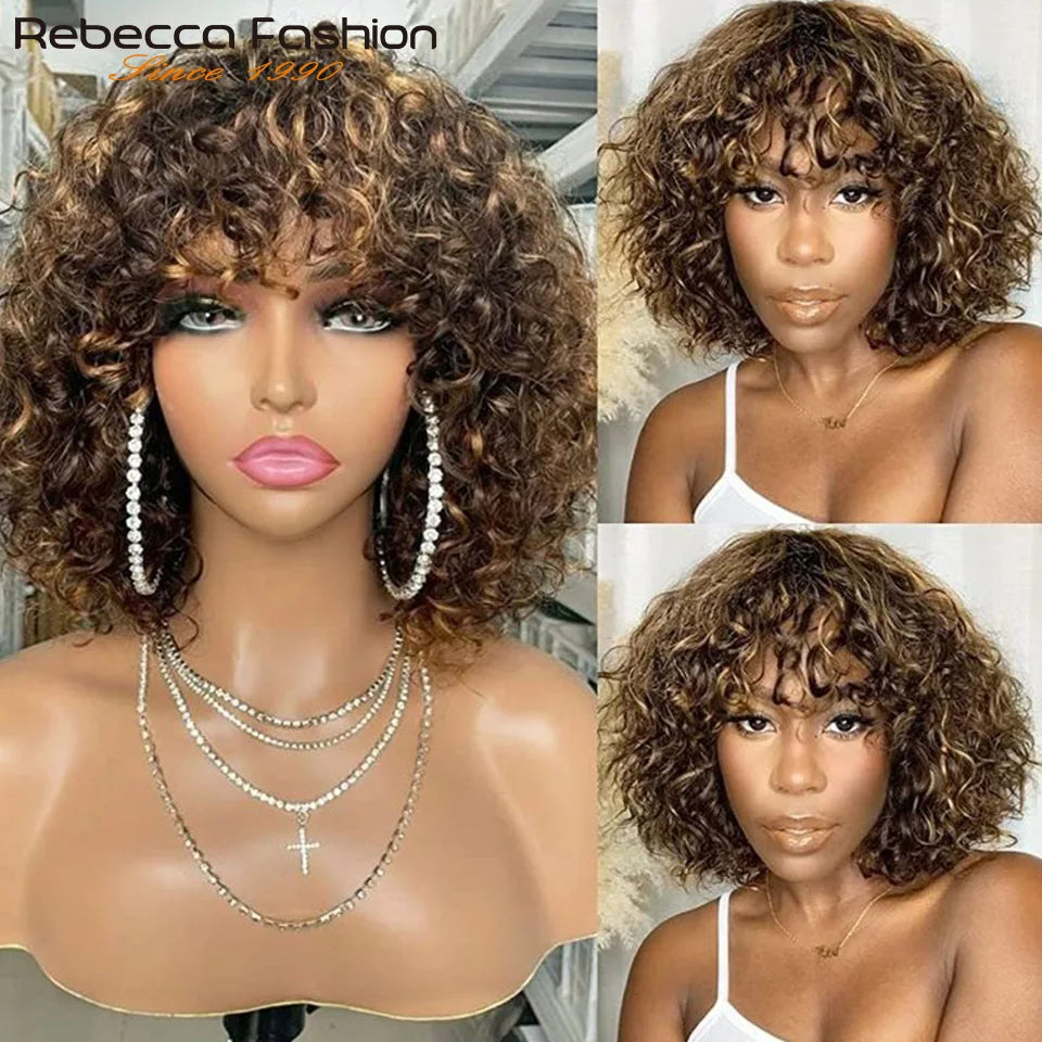 Short Pixie Bob Cut Human Hair Wigs With Bangs Jerry Curly Full Machine Wig Highlight Honey Blonde Colored Wigs For Women
