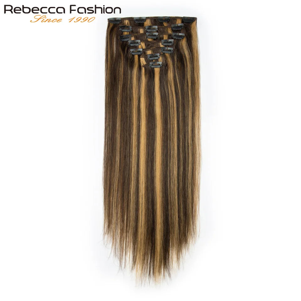 Clip In Hair Extensions Human Hair Clip In For Women Straight Double Weft Hair Extensions 7pcs/Set P4/27 Brown Honey Blonde 613