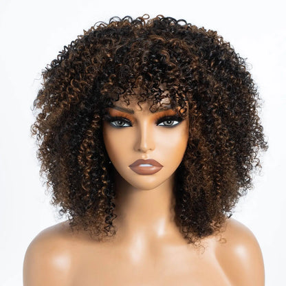 Short Curly Wig With Bangs Put On And Go Human Hair Afro Kinky Curly Wig Glueless Full Machine Made Wig 250 Density Remy Hair