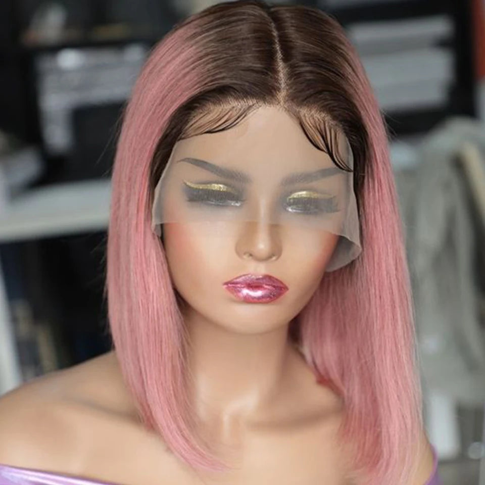 Ombre Pink Short Bob Wig Straight Lace Front Human Hair Wigs For Women Short Bob Transparent Wear To Go Peruvian Human Lace Wig
