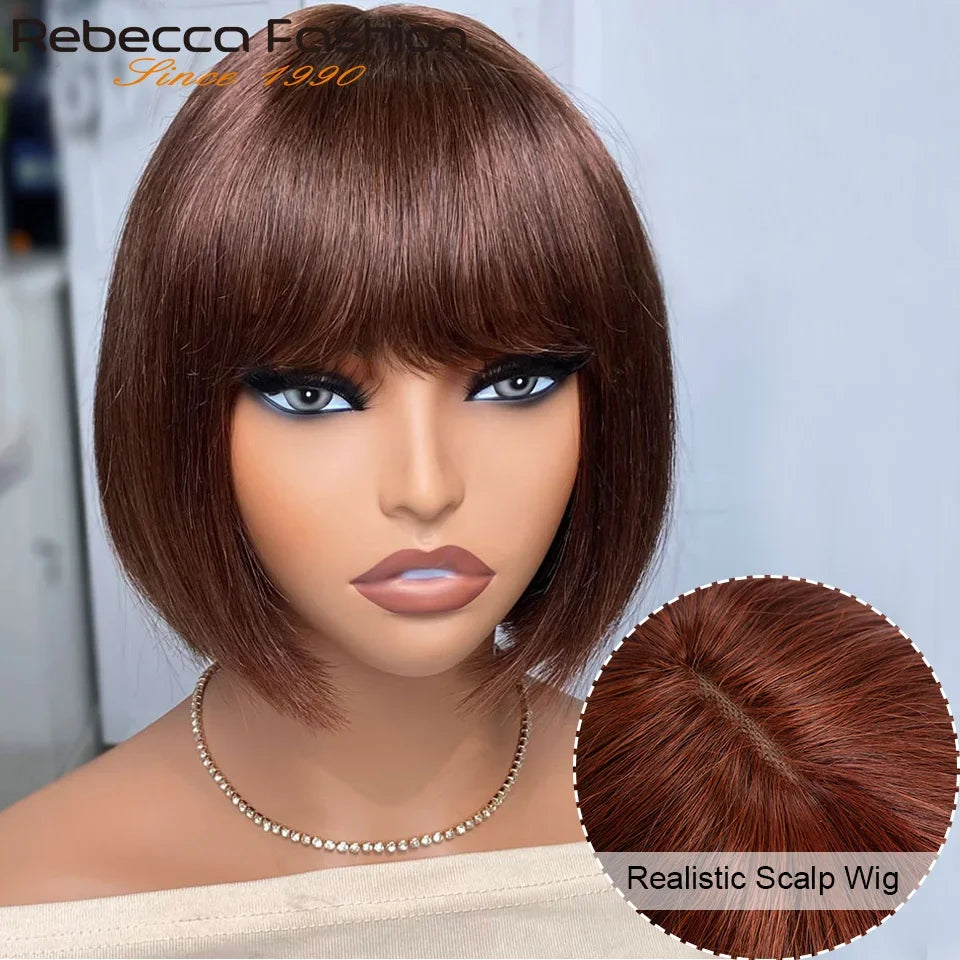 Reddish Brown Straight Bob Wigs Glueless Human Hair Wigs With Bangs Middle Part Bob Lace Wigs Realistic Scalp Beginner Friendly