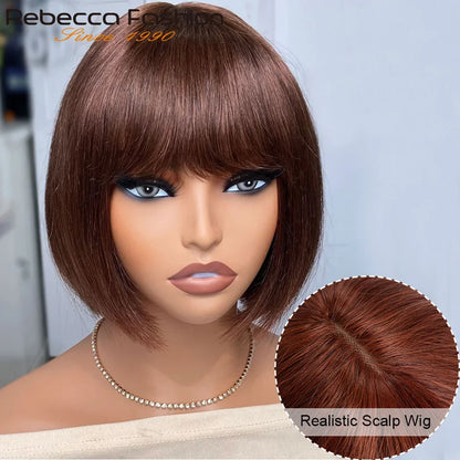 Reddish Brown Straight Bob Wigs Glueless Human Hair Wigs With Bangs Middle Part Bob Lace Wigs Realistic Scalp Beginner Friendly